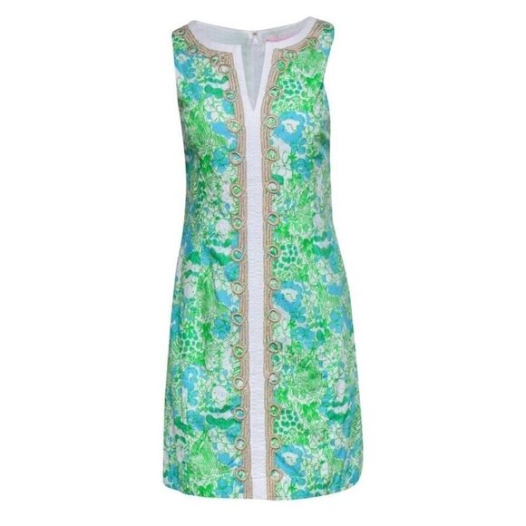 Lilly Pulitzer - Green White Jungle Print "Janice" Shift Dress Embroidery sz 00 - Picture 2 of 15